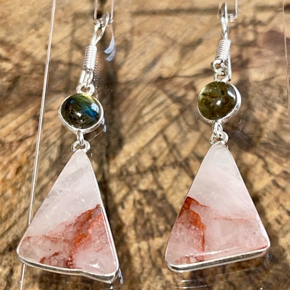 Labradorite & Phantom Fire Quartz Earrings 2” - Picture 2 of 13
